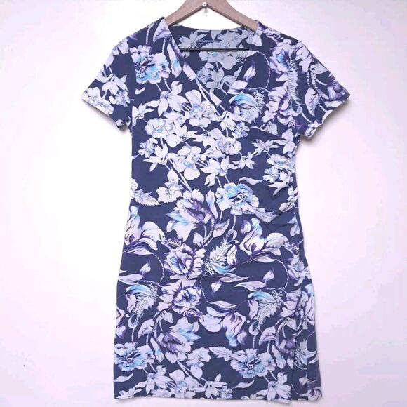 Soft Surroundings PM Shapely Anywhere Dress Blue Floral Mock Wrap Petite Medium - Picture 1 of 9